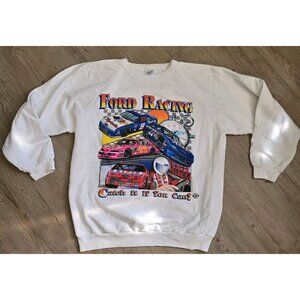 VTG Ford Racing "Catch‎ It If You Can" Crewneck Sweater Neon Graphic L